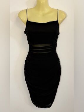 Meshki Black Ruched Midi Dress with Sheer Waist Panel